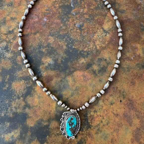 Navajo Silver & Turquoise Necklace - Picture 2 of 9